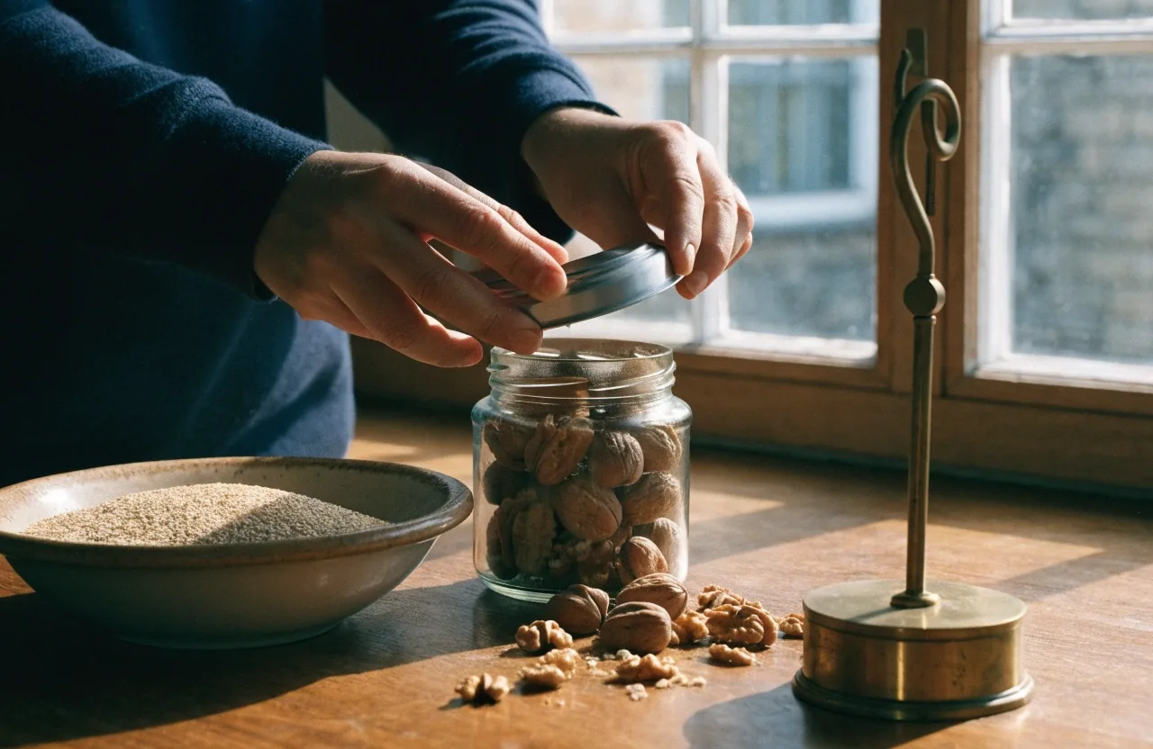 Nutritionist's workbench seen from above with jars of nuts and grains, a brass scale, and plain pencils on oak
