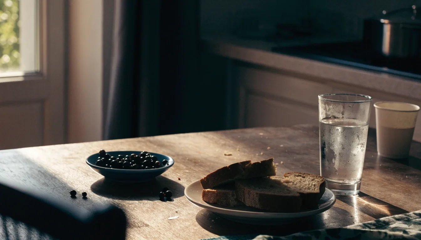 A mid-morning Estonian kitchen table with a half-drunk glass of water, unfinished rye bread, blackcurrants and a cold cup of coffee in low window light