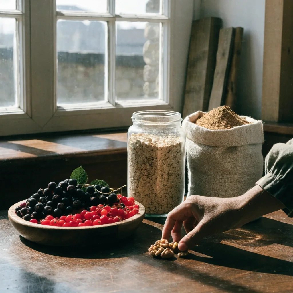 Blackcurrants and lingonberries in an enamel bowl with oats and rye on an oak kitchen table in warm morning light