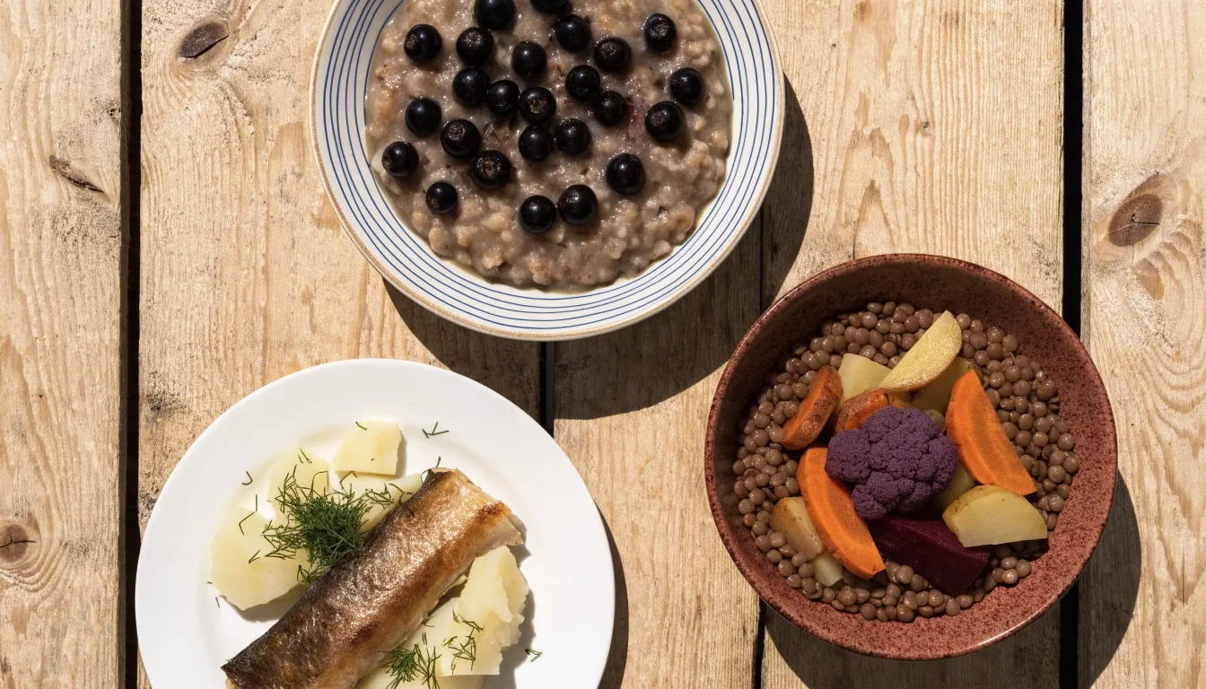A full day of Estonian food laid out on bare oak: rye porridge with blackcurrants, baked herring with potatoes, a lentil and root vegetable bowl, walnuts and seeds, and a glass of water.