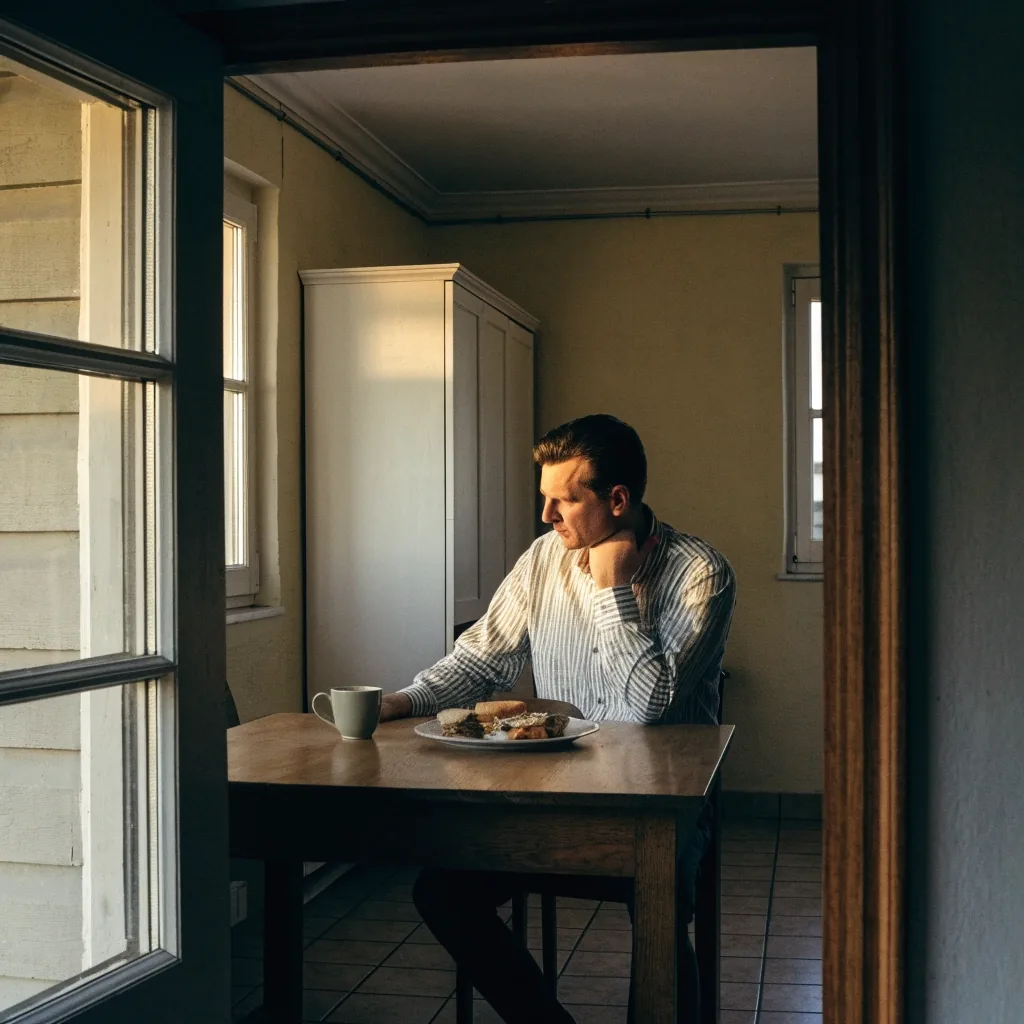 A man in his fifties at a plain wooden kitchen table in late-afternoon light, an untouched coffee and a half-finished lunch beside him, one hand at the back of his neck.