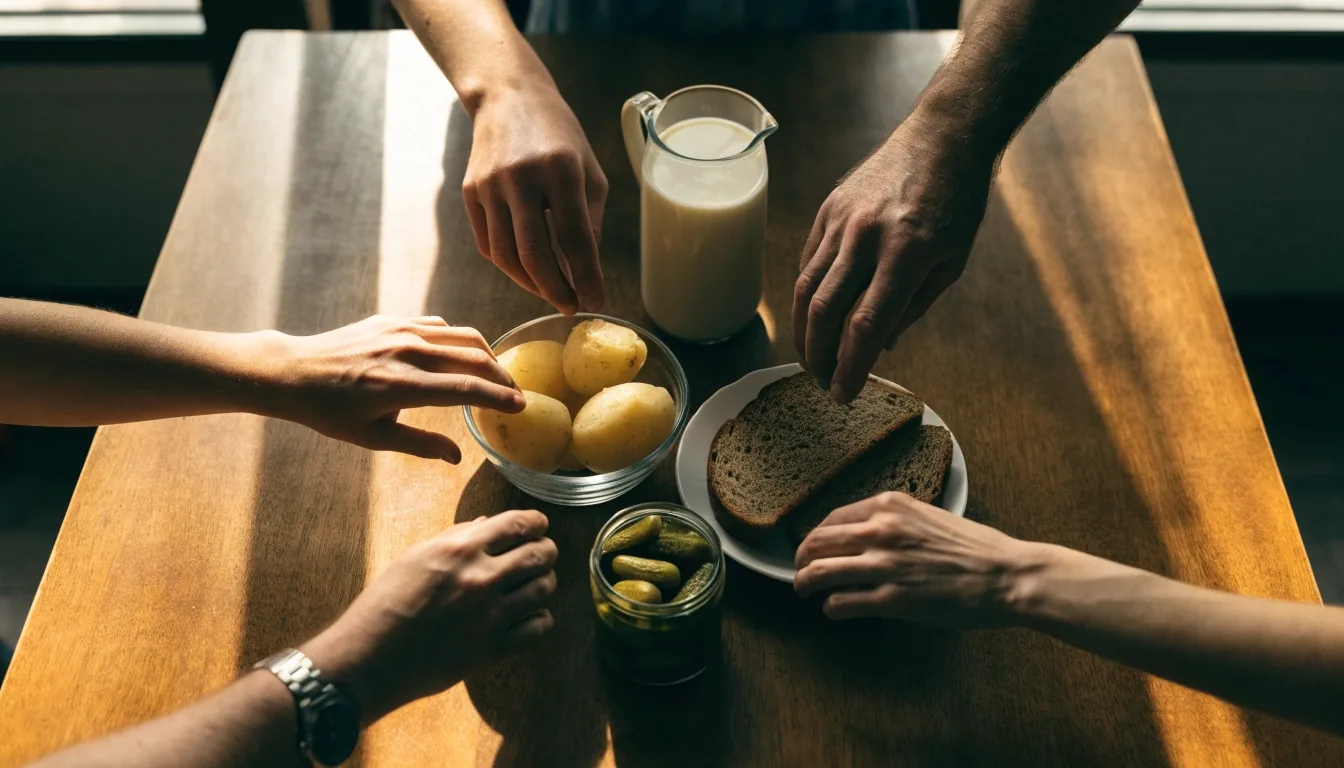 Hands of different ages reaching across a plain wooden table for potatoes and rye bread during a shared meal