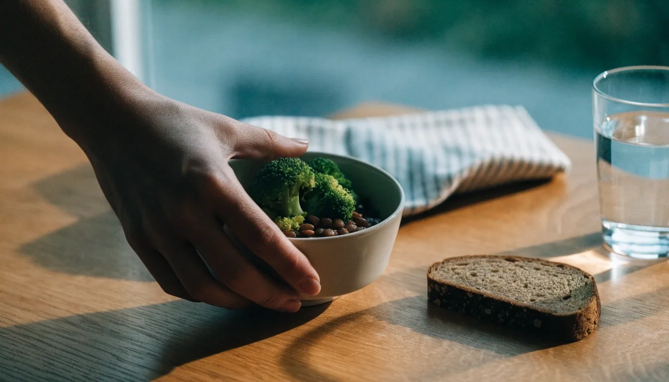 A light evening meal of vegetables, beans, and rye bread on a plain oak table