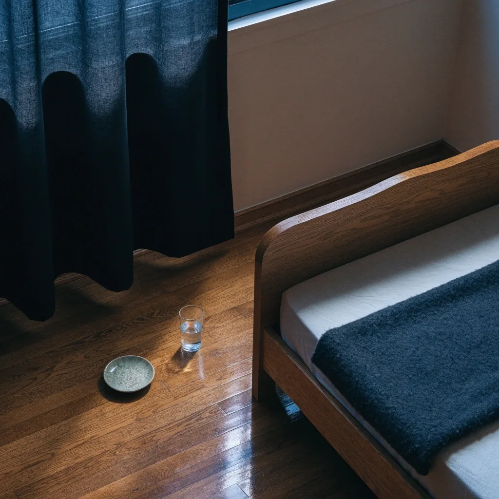 A sleep-ready bedroom corner at dusk, with a dark wool blanket, closed blackout curtain, and a bedside dish on the oak floor